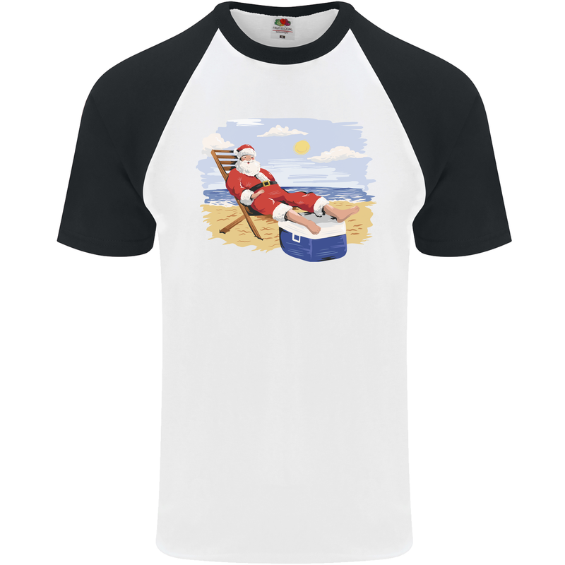 Santa at the Beach Christmas Summer Xmas Holiday Mens S/S Baseball T-Shirt White/Black