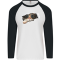 A Funny Cat Peeking From a Ripped Top Mens L/S Baseball T-Shirt White/Black