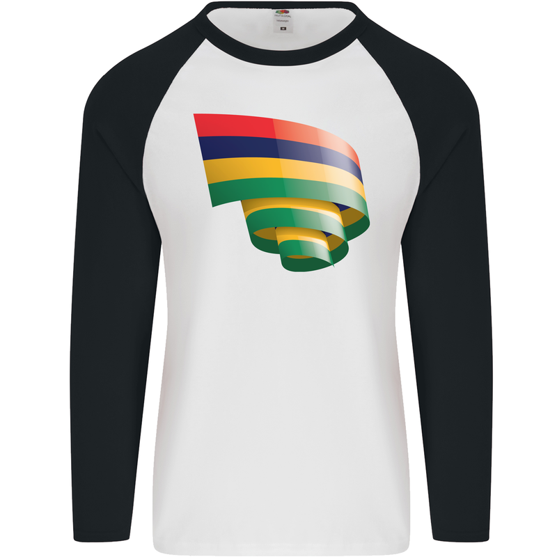 Curled Mauritius Flag Mauritians Day Football Mens L/S Baseball T-Shirt White/Black
