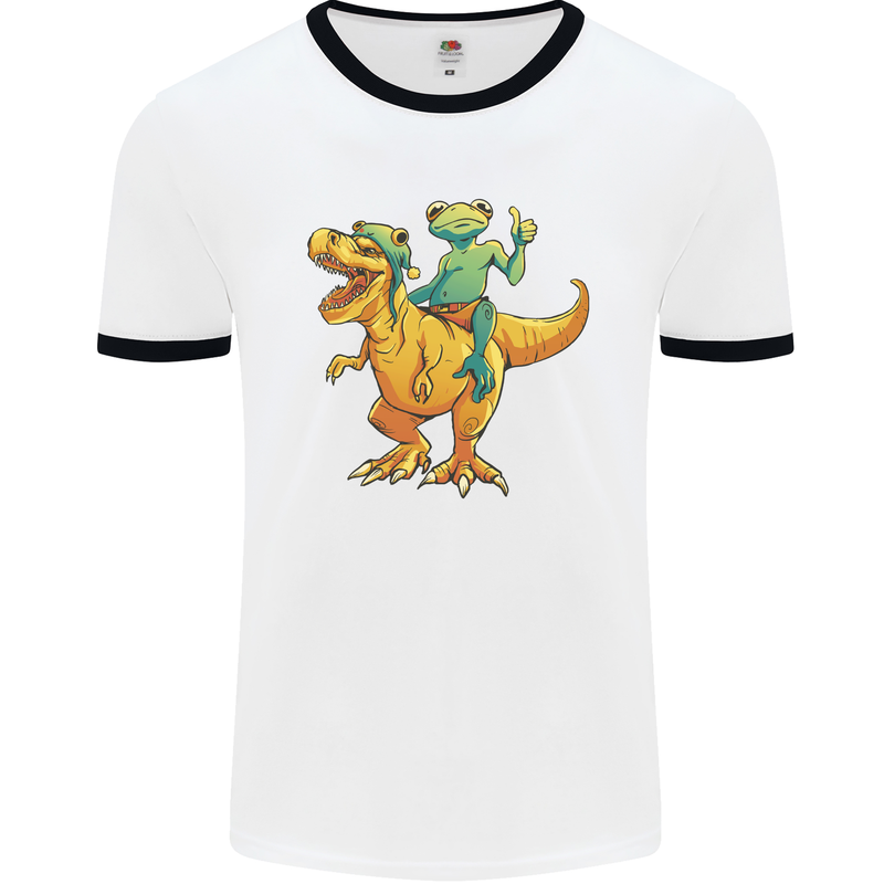 T-Rex and a Frog Dinosaur Mens Ringer T-Shirt White/Black