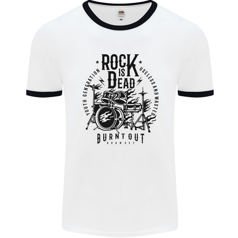 Rock is Dead Drum Kit Drummer Drumming Mens Ringer T-Shirt White/Black