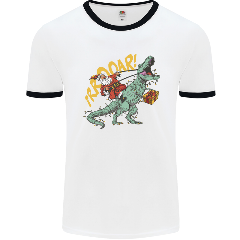 Santa Claus Riding a T-Rex Dinosaur Christmas Mens Ringer T-Shirt White/Black