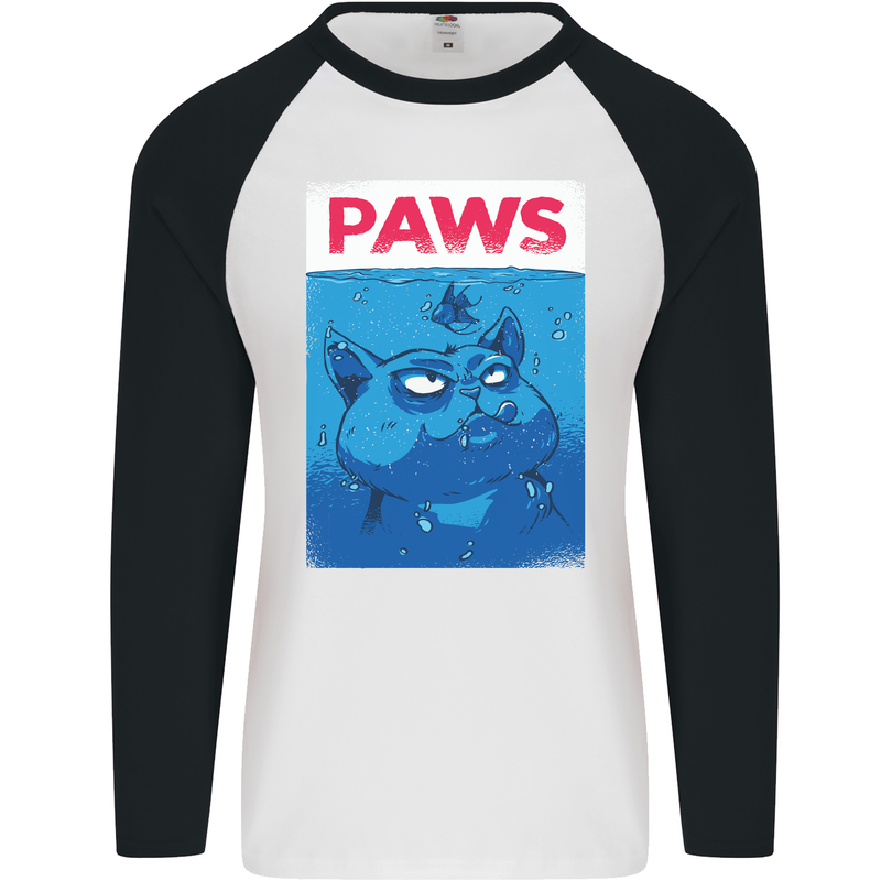 Paws Funny Cat and Goldfish Parody Mens L/S Baseball T-Shirt White/Black