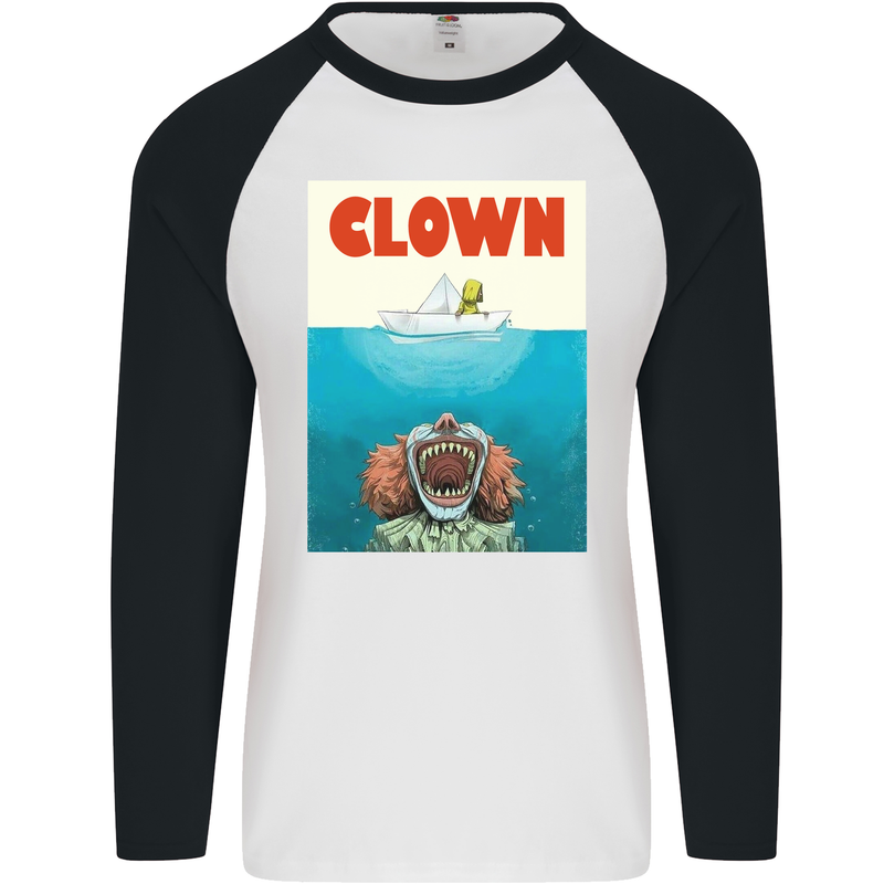 Jaws Funny Parody Clown Halloween Horror Mens L/S Baseball T-Shirt White/Black