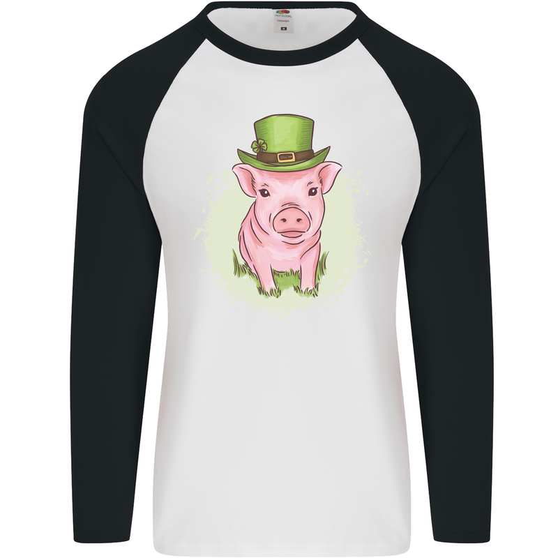 St Patricks Day Pig Mens L/S Baseball T-Shirt White/Black