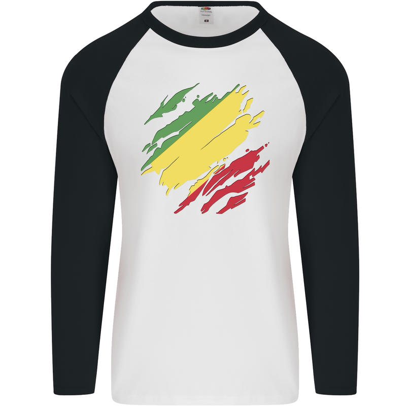 Torn Republic of the Congo Flag Day Football Mens L/S Baseball T-Shirt White/Black