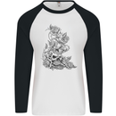 Skull Crown Biker Skull Gothic Heavy Metal Mens L/S Baseball T-Shirt White/Black