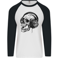 Skull Headphones Gothic Rock Music DJ Mens L/S Baseball T-Shirt White/Black