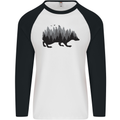 A Hedgehog Depicting a Forest Mens L/S Baseball T-Shirt White/Black