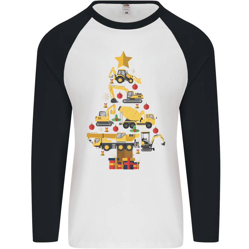 Construction Christmas Tree Digger Lorry Crane Mens L/S Baseball T-Shirt White/Black