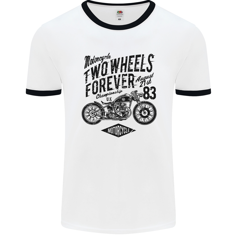 Two Wheels Forever Motorcycle Cafe Racer Mens Ringer T-Shirt White/Black