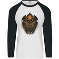 Cthulhu Octopus Kraken Devil Skull Demon Mens L/S Baseball T-Shirt White/Black