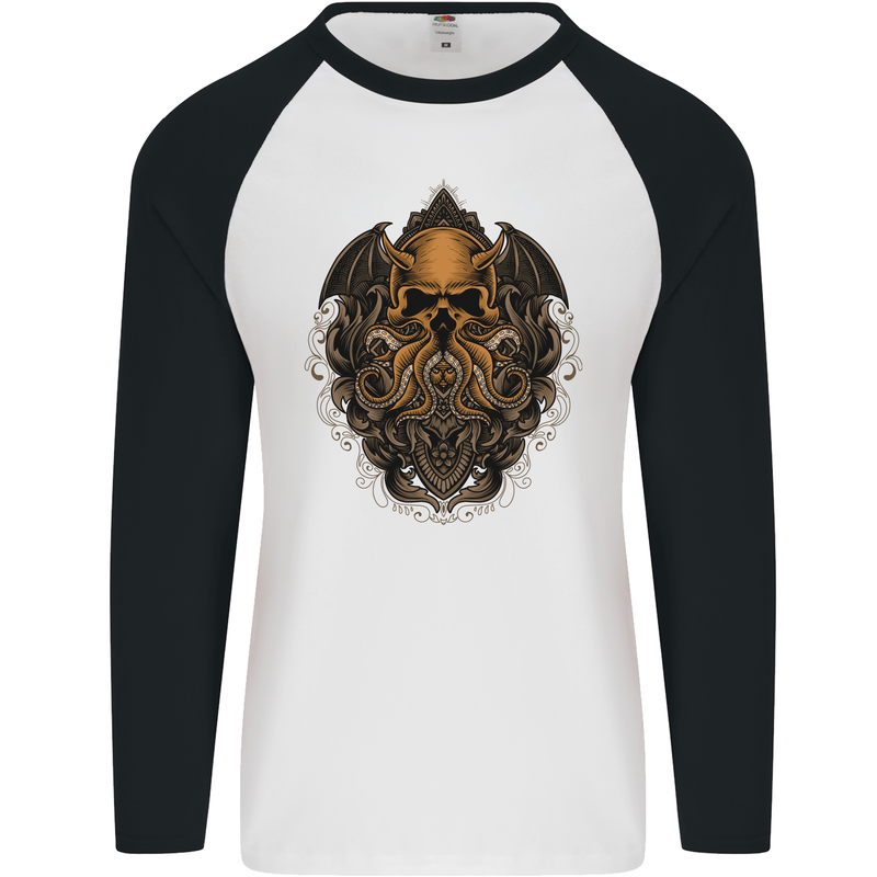 Cthulhu Octopus Kraken Devil Skull Demon Mens L/S Baseball T-Shirt White/Black