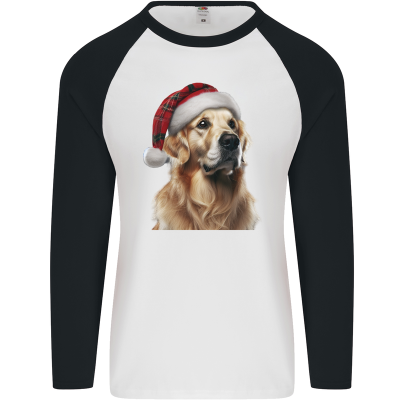 Christmas Golden Retriever Tartan Xmas Hat Dog Mens L/S Baseball T-Shirt White/Black