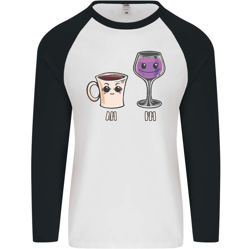 Coffee am Wine pm Funny Alcohol Prosecco Mens L/S Baseball T-Shirt White/Black