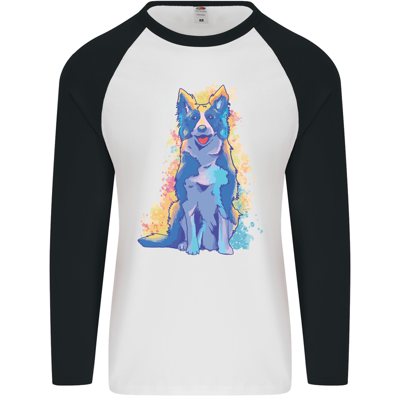 A Colourful Border Collie Dog Design Mens L/S Baseball T-Shirt White/Black