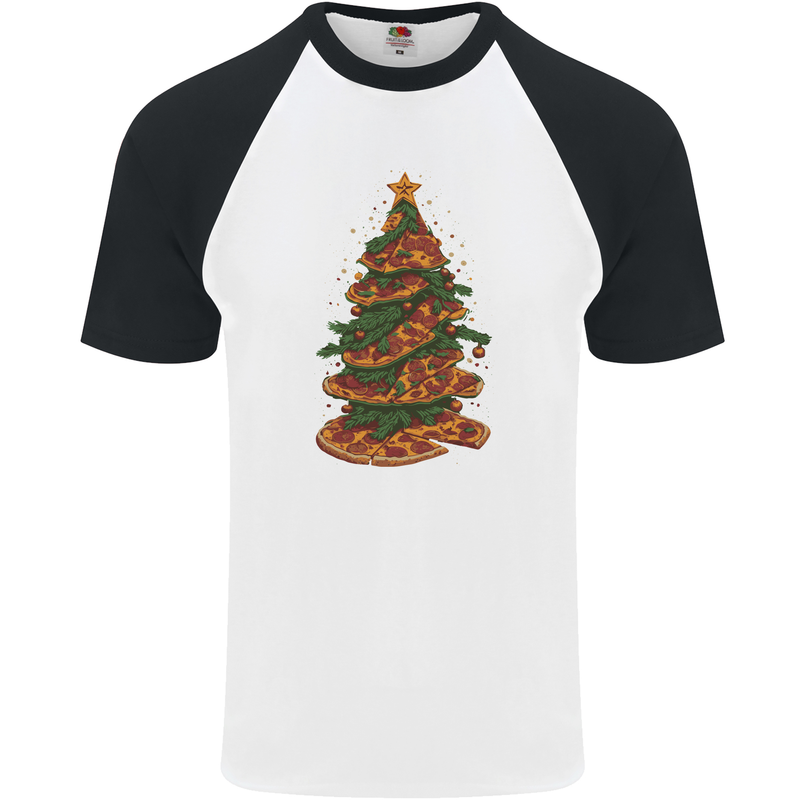 Funny Christmas Pizza Tree Xmas Food Mens S/S Baseball T-Shirt White/Black