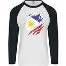 Torn Philippines Flag Philipino Day Football Mens L/S Baseball T-Shirt White/Black