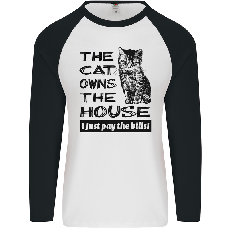 The Cat Owns the House Funny Kitten Mens L/S Baseball T-Shirt White/Black