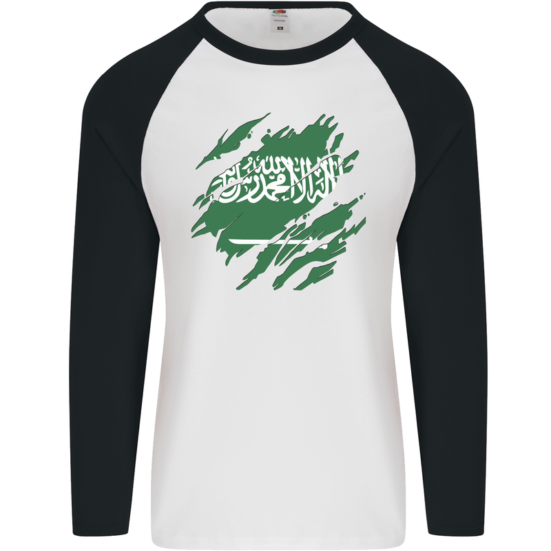 Torn Saudi Arabia Flag Arabian Day Football Mens L/S Baseball T-Shirt White/Black