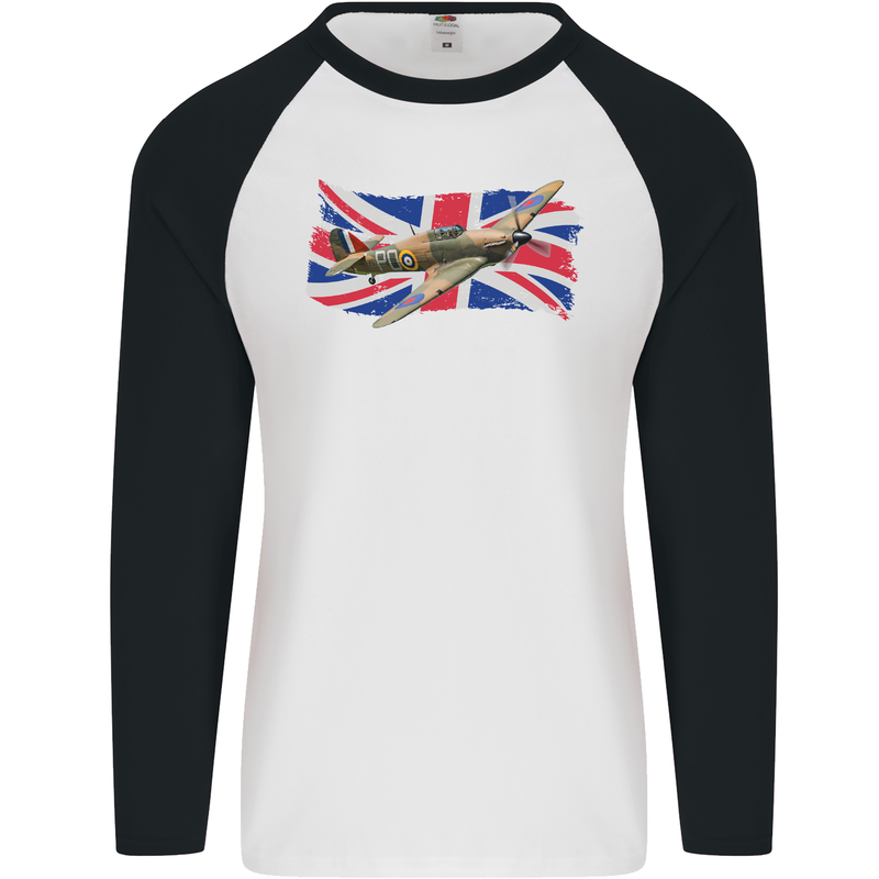 Hawker Hurricane with the Union Jack Mens L/S Baseball T-Shirt White/Black