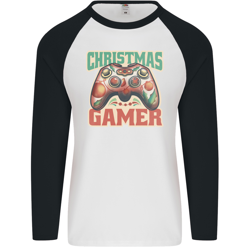 Christmas Gamer Funny Gaming Joypad Mens L/S Baseball T-Shirt White/Black