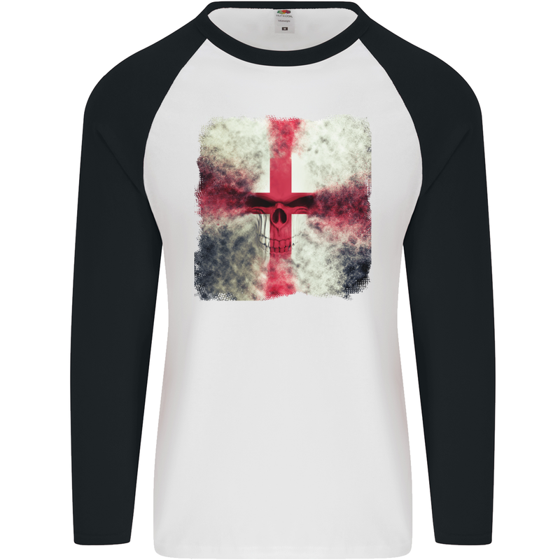 Dissolving England Flag St. George's Skull Mens L/S Baseball T-Shirt White/Black