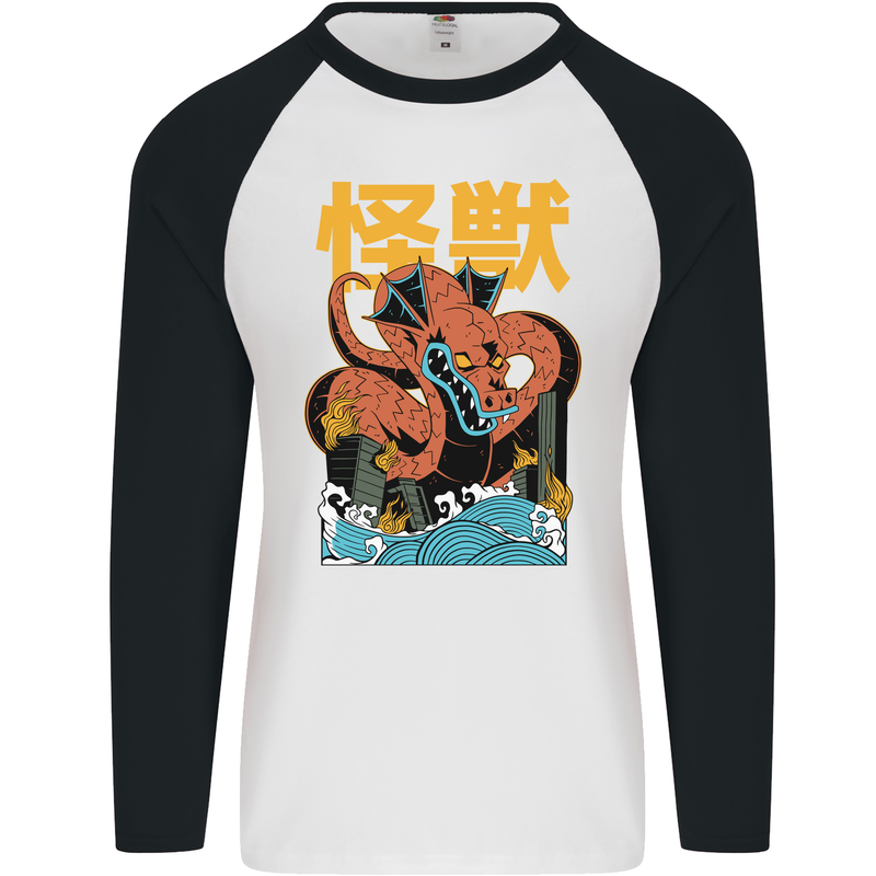 Kaiju Dragon King Ghidorah Japanese Monster Mens L/S Baseball T-Shirt White/Black