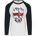 The Union Jack Flag Ripped Muscles Mens L/S Baseball T-Shirt White/Black