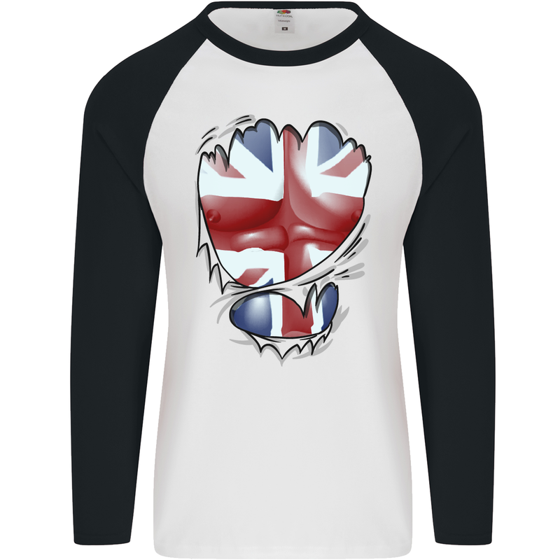 The Union Jack Flag Ripped Muscles Mens L/S Baseball T-Shirt White/Black