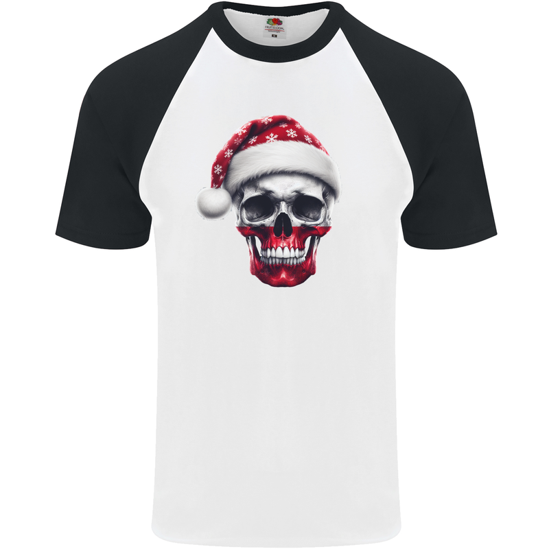 Polish Christmas Skull Xmas Poland Biker Flag Mens S/S Baseball T-Shirt White/Black