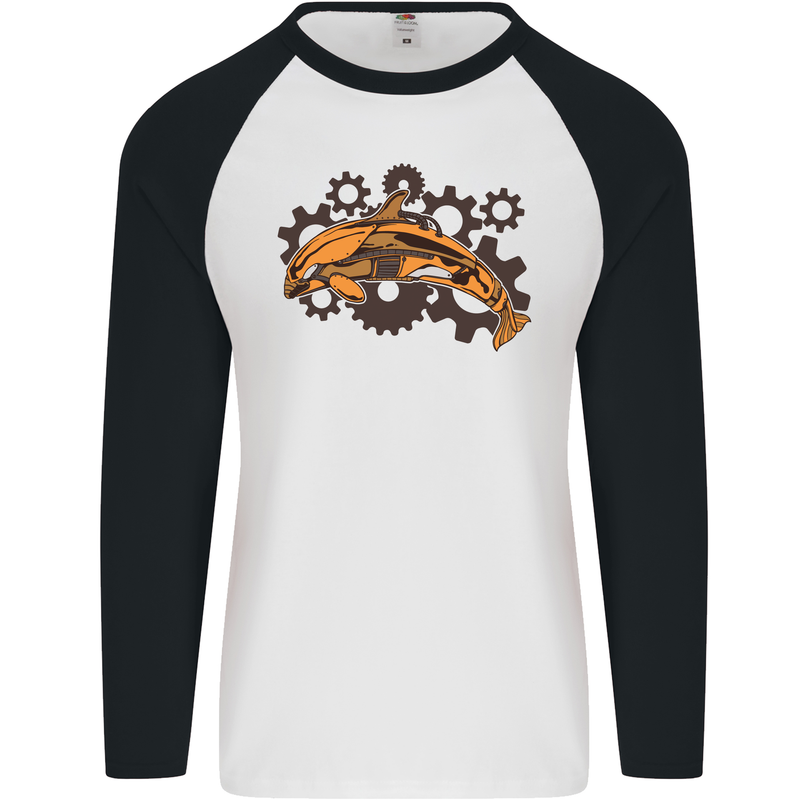 A Steampunk Dolphin Mens L/S Baseball T-Shirt White/Black