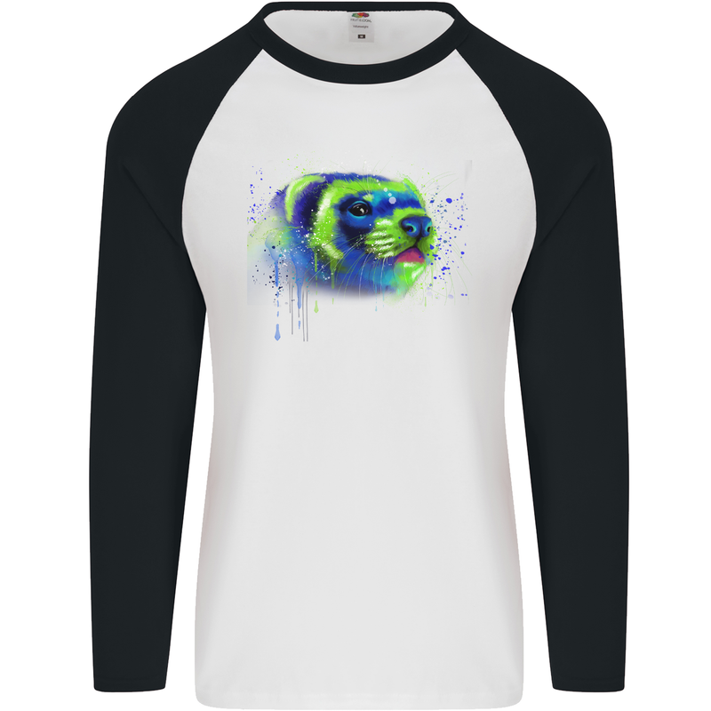 A Ferret Watercolour Mens L/S Baseball T-Shirt White/Black