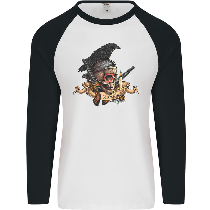 Libertad Skull Freedom Pirate Crow Raven Mens L/S Baseball T-Shirt White/Black