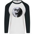 Skull Moon Gothic Halloween Zombie Biker Mens L/S Baseball T-Shirt White/Black