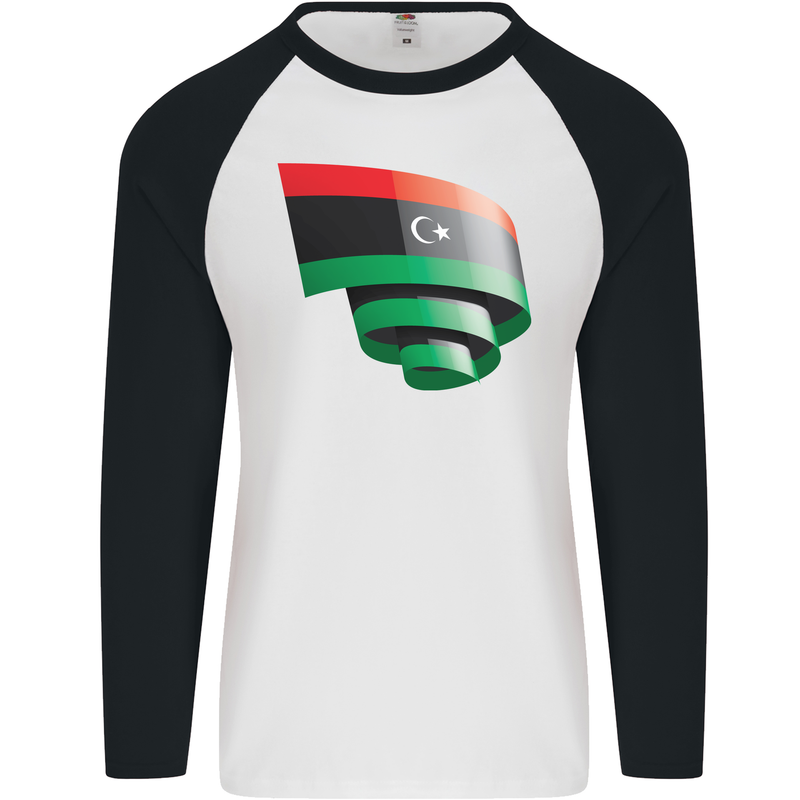 Curled Libya Flag Libyan Day Football Mens L/S Baseball T-Shirt White/Black
