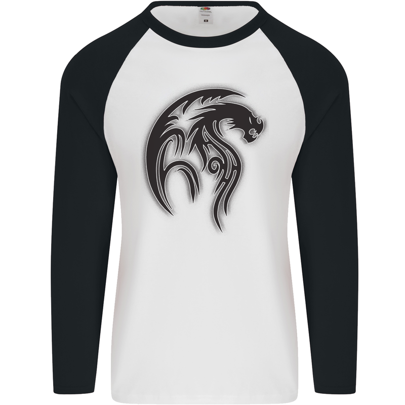 Black Tribal Tattoo Style Dragon Mens L/S Baseball T-Shirt White/Black