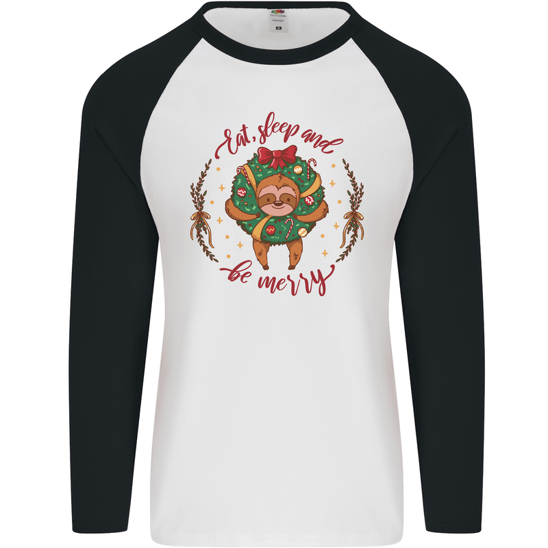 Sloth Eat Sleep & Be Merry Funny Christmas Mens L/S Baseball T-Shirt White/Black