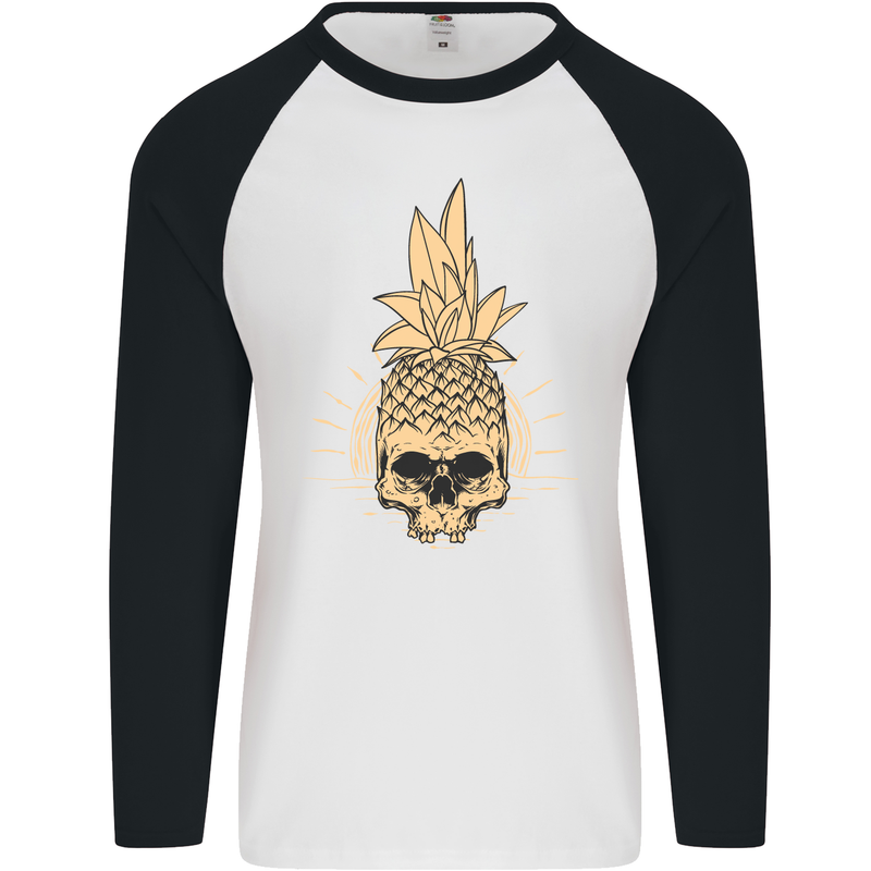 Pineapple Skull Gothic Biker Surfing Mens L/S Baseball T-Shirt White/Black