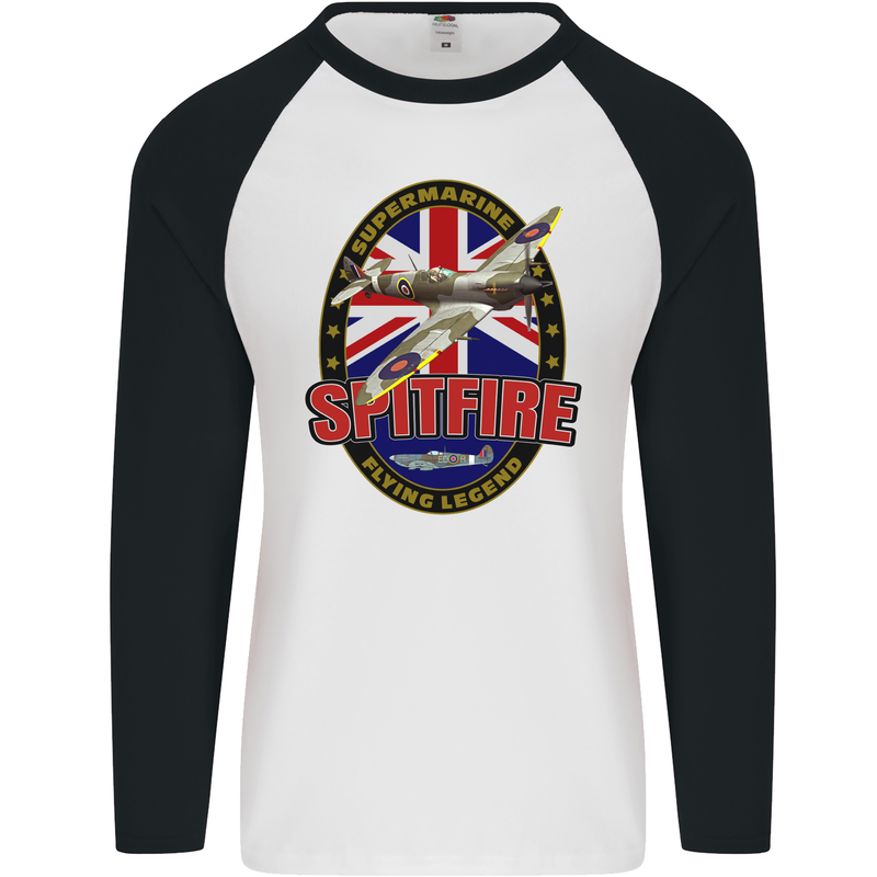 Supermarine Spitfire Flying Legend Mens L/S Baseball T-Shirt White/Black