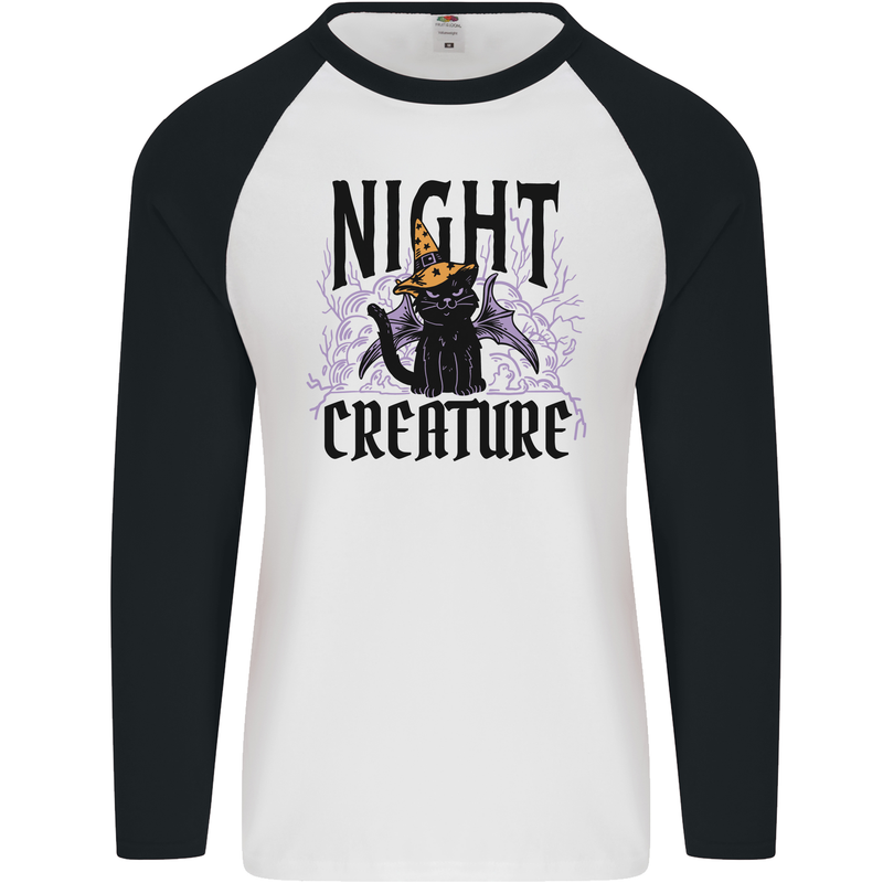 Halloween Cat Night Creature Witch Mens L/S Baseball T-Shirt White/Black