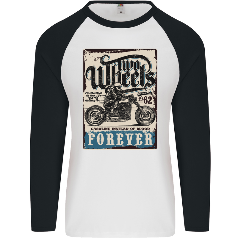 Two Wheels Biker Motorcycle Motorbike Mens L/S Baseball T-Shirt White/Black