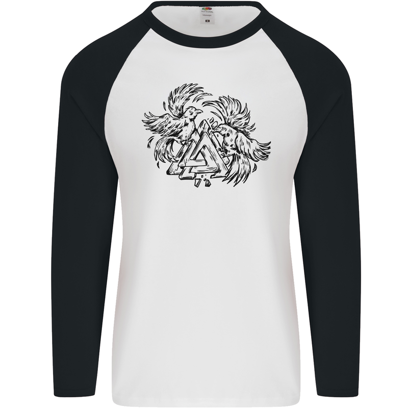 Valknut Symbol With Ravens Viking Mens L/S Baseball T-Shirt White/Black