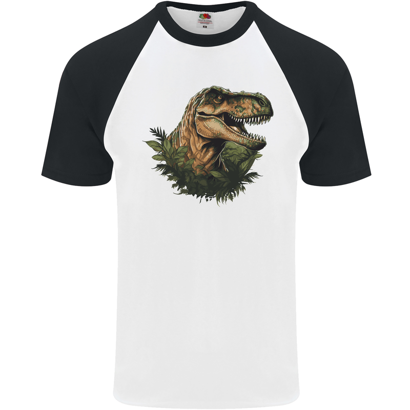 T-Rex Head in Foliage Dinosaur Mens S/S Baseball T-Shirt White/Black