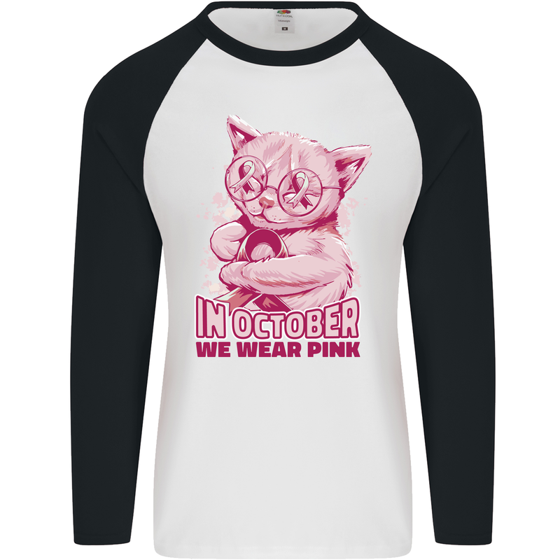 Breast Cancer Awareness October Cat Mens L/S Baseball T-Shirt White/Black