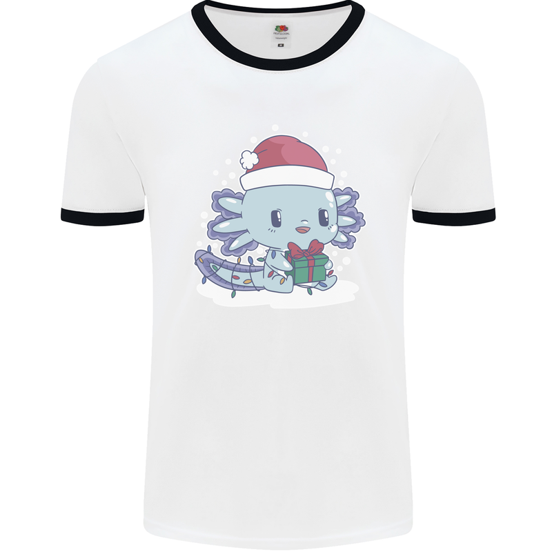 Cute Christmas Axoloti Wearing a Chirstmas Hat Xmas Mens Ringer T-Shirt White/Black