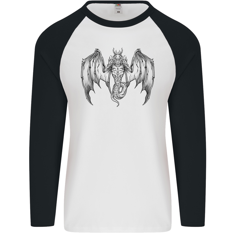 Serpent Dragon Gothic Fantasy Heavy Metal Mens L/S Baseball T-Shirt White/Black