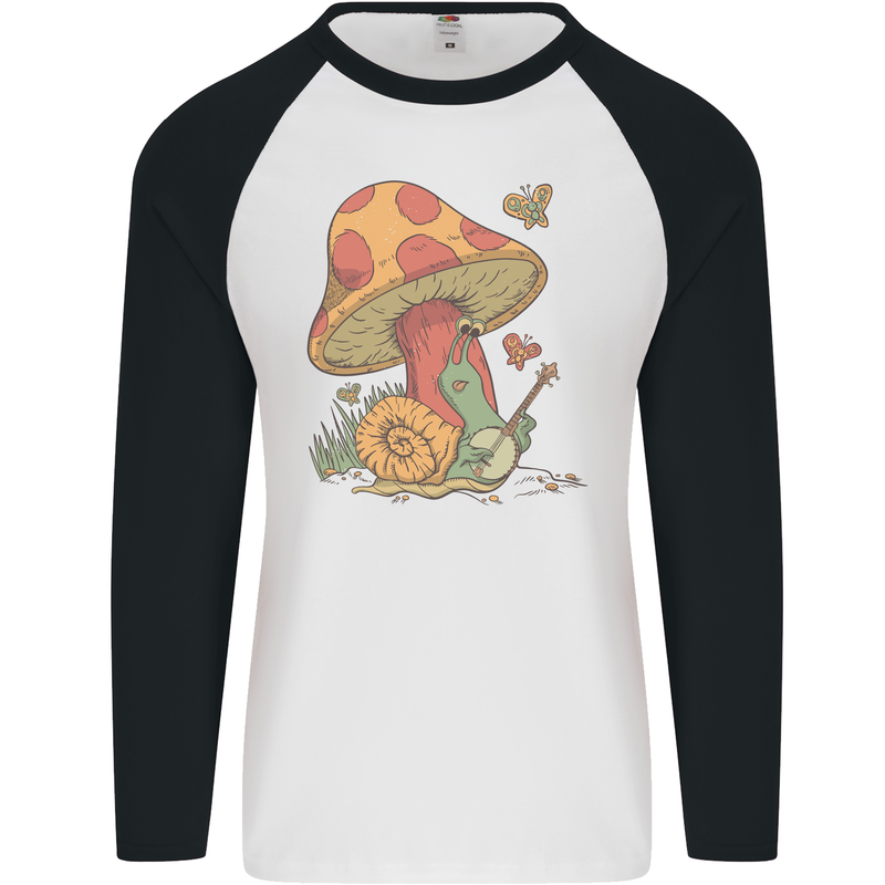 Snail Playing Guitar Rock Music Guitarist Mens L/S Baseball T-Shirt White/Black