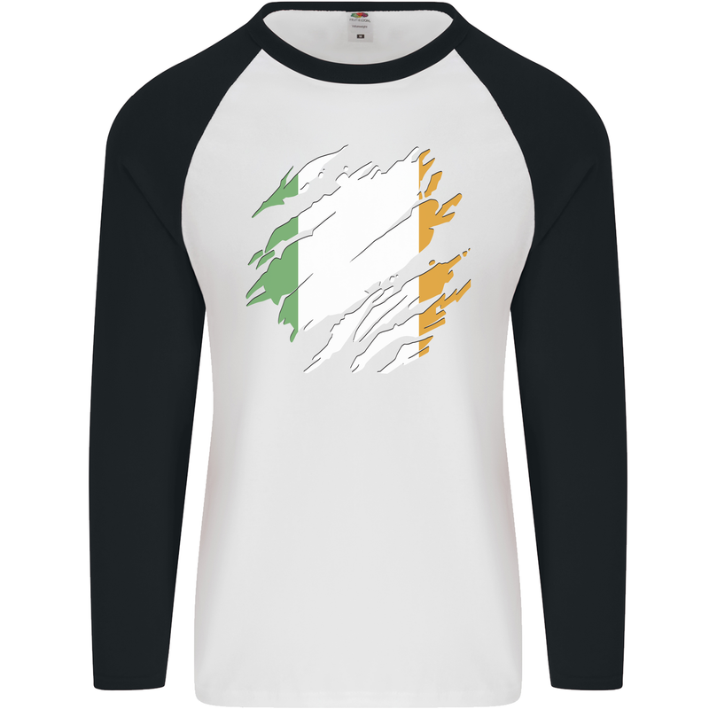 Torn Ireland Flag Irish St Patricks Day Football Mens L/S Baseball T-Shirt White/Black