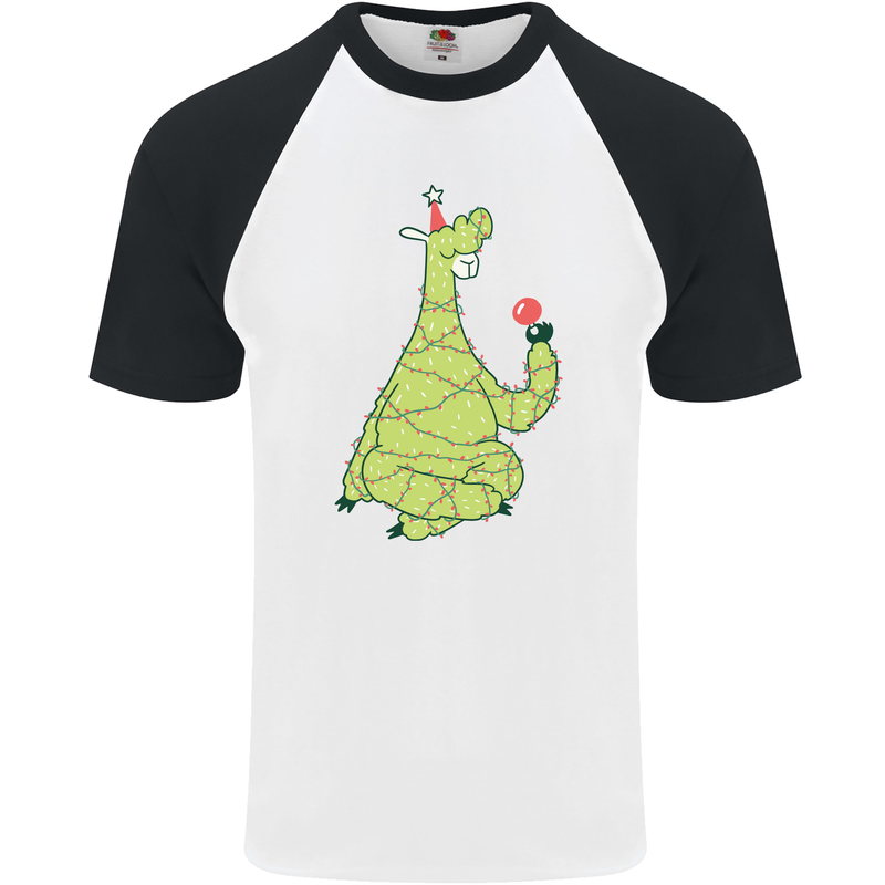 A Llama Wearing a Christmas Hat Xmas Mens S/S Baseball T-Shirt White/Black